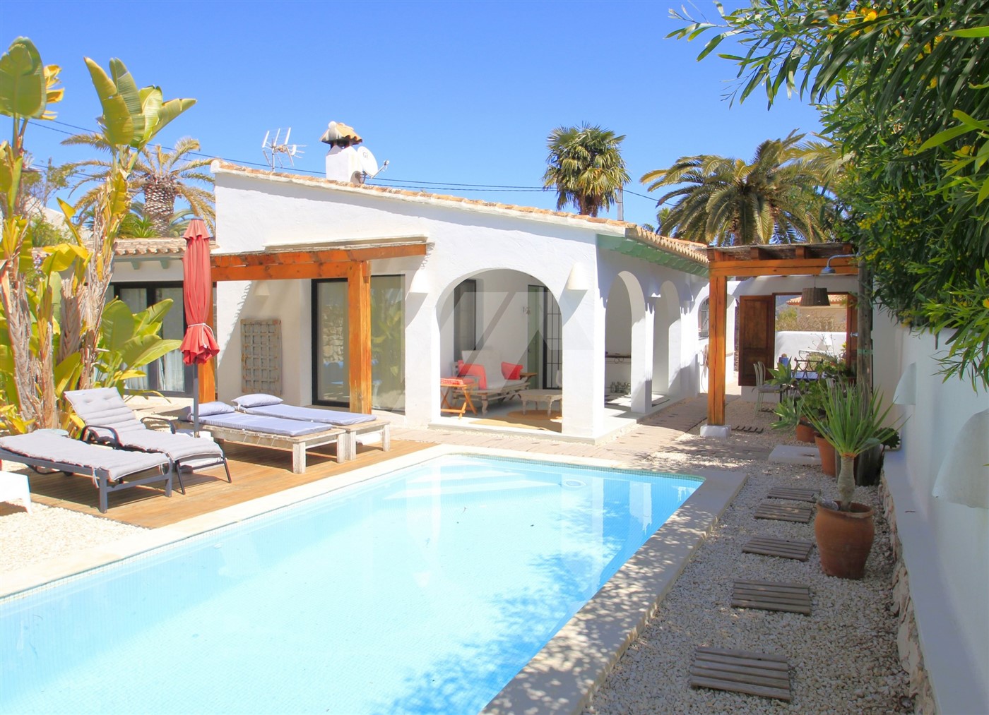 Ibizan style villa for sale in Moraira, Costa Blanca, Spain.
